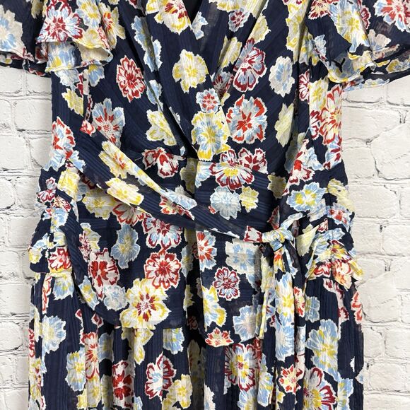Tanya Taylor Brynn Floral Mini Wrap Dress Womens 18 Navy Floral Flutter Sleeves - Picture 10 of 16